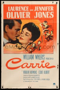 8f173 CARRIE 1sh 1952 romantic art of Laurence Olivier & Jennifer Jones, William Wyler!