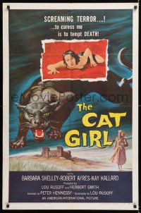 8f186 CAT GIRL 1sh 1957 cool black panther & sexy girl art, to caress her is to tempt DEATH!