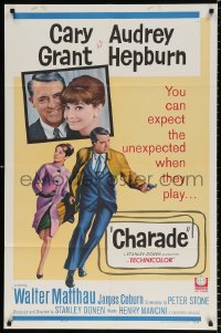 8f195 CHARADE 1sh 1963 art of tough Cary Grant & sexy Audrey Hepburn, expect the unexpected!