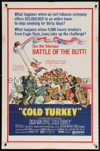 8f223 COLD TURKEY 1sh 1971 Dick Van Dyke & entire town quits smoking cigarettes, art by Kossin!