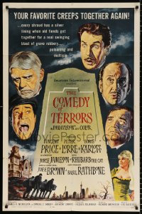 8f226 COMEDY OF TERRORS 1sh 1964 Boris Karloff, Peter Lorre, Vincent Price, Joe E. Brown, Tourneur!