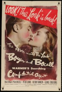 8f235 CONFIDENTIAL AGENT 1sh 1945 romantic c/u of Charles Boyer kissing Lauren Bacall!
