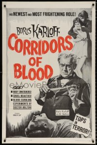 8f240 CORRIDORS OF BLOOD b/w 1sh 1963 Boris Karloff, Christopher Lee, blood-curdling experiments!