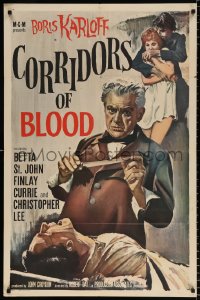 8f241 CORRIDORS OF BLOOD color 1sh 1963 Boris Karloff, Christopher Lee, blood-curdling experiments!
