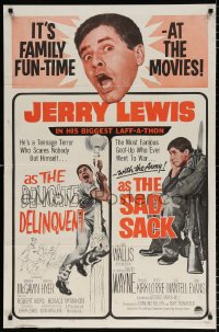 8f294 DELICATE DELINQUENT/SAD SACK 1sh 1962 Jerry Lewis double-bill, his biggest laff-a-thon!