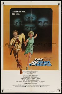 8f323 DOMINO PRINCIPLE 1sh 1977 cool art of Gene Hackman & Candice Bergen fleeing from eyes!