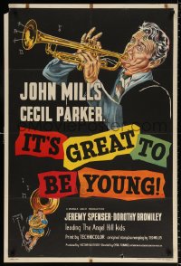 8f528 IT'S GREAT TO BE YOUNG English 1sh 1956 cool art of music teacher John Mills playing trumpet!