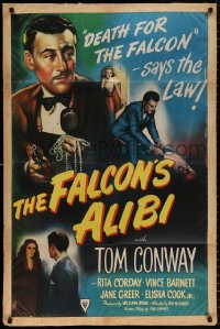 8f372 FALCON'S ALIBI 1sh 1946 the law says death for detective Tom Conway, cool montage art!