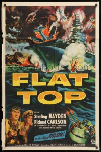 8f390 FLAT TOP 1sh 1952 Sterling Hayden, incredible art of World War II ship under fire!