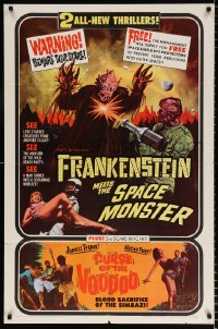 8f405 FRANKENSTEIN MEETS THE SPACE MONSTER/CURSE OF VOODOO 1sh 1965 cool artwork of alien monsters!