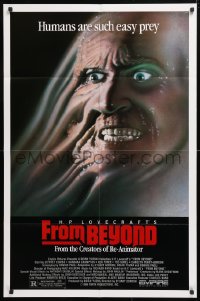 8f412 FROM BEYOND 1sh 1986 H.P. Lovecraft, wild sci-fi horror image, humans are such easy prey!