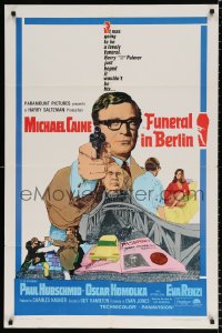 8f415 FUNERAL IN BERLIN 1sh 1967 art of Michael Caine pointing gun, directed by Guy Hamilton!