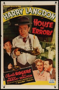 8f489 HOUSE OF ERRORS 1sh 1942 great close up image of Harry Langdon holding gun & candle, rare!