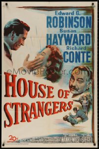 8f490 HOUSE OF STRANGERS 1sh 1949 Edward G. Robinson, Richard Conte slaps Susan Hayward!