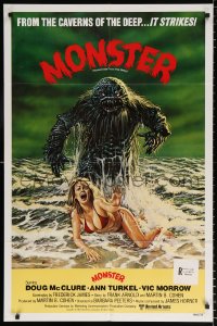 8f495 HUMANOIDS FROM THE DEEP int'l 1sh 1980 art of monster looming over sexy girl on beach!