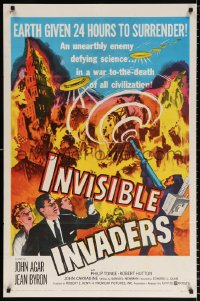 8f519 INVISIBLE INVADERS 1sh 1959 cool artwork of alien who gives Earth 24 hours to surrender!