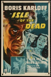 8f523 ISLE OF THE DEAD 1sh R1953 close-up art and images of Boris Karloff and Drew, ultra-rare!
