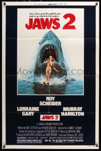 8f535 JAWS 2 1sh 1978 great classic art of giant shark attacking girl on water skis by Lou Feck!