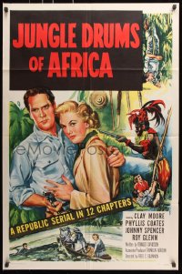 8f548 JUNGLE DRUMS OF AFRICA 1sh 1952 Clayton Moore with gun & Phyllis Coates, Republic serial!