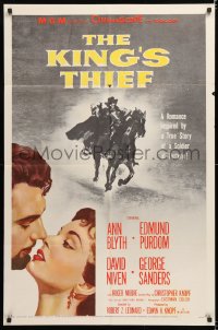 8f564 KING'S THIEF 1sh 1955 Ann Blyth romancing Edmund Purdom & art of masked Purdom on horse!