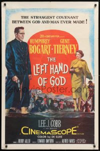 8f590 LEFT HAND OF GOD 1sh 1955 art of priest Humphrey Bogart with gun + sexy Gene Tierney!