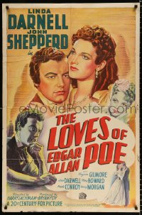 8f613 LOVES OF EDGAR ALLAN POE 1sh 1942 Linda Darnell, Shepperd Strudwick as Poe, really cool art!