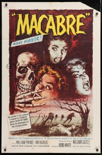 8f615 MACABRE 1sh 1958 William Castle, Besser art of skeleton & screaming babes in graveyard!