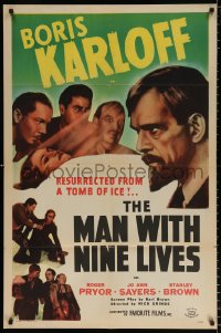 8f633 MAN WITH NINE LIVES 1sh R1947 Boris Karloff resurrected from tomb of ice, ultra-rare!