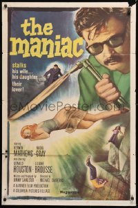 8f636 MANIAC 1sh 1963 Kerwin Mathews, Hammer, he stalks his wife, his daughter, their lover!