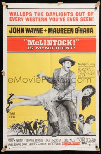 8f645 McLINTOCK 1sh 1963 best image of John Wayne giving Maureen O'Hara a spanking!