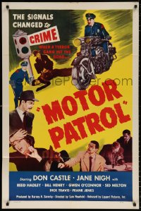 8f663 MOTOR PATROL 1sh 1950 motorcycle cop Don Castle, the signals change to crime!