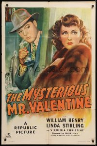 8f672 MYSTERIOUS MR. VALENTINE 1sh 1946 art of William Henry in lab & sexy Linda Sterling in fur!