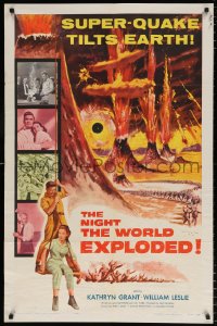 8f685 NIGHT THE WORLD EXPLODED 1sh 1957 a super-quake tilts the Earth, wild disaster artwork!