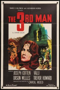 8f914 THIRD MAN 1sh R1956 art of Orson Welles in doorway, plus Cotten & Valli, classic film noir!
