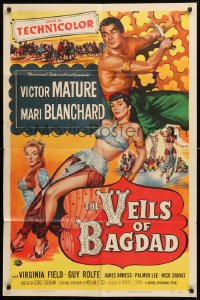8f944 VEILS OF BAGDAD 1sh 1953 art of Victor Mature & sexy harem girl Mari Blanchard!