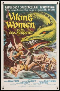 8f949 VIKING WOMEN & THE SEA SERPENT 1sh 1958 art of sexy female warriors attacked on ship!