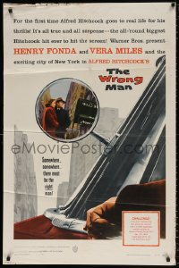 8f986 WRONG MAN 1sh 1957 Henry Fonda, Vera Miles, Alfred Hitchcock, cool rear view mirror art!