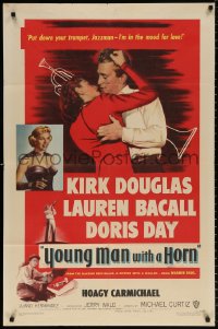 8f994 YOUNG MAN WITH A HORN 1sh 1950 jazz man Kirk Douglas kisses sexy Lauren Bacall + Doris Day!