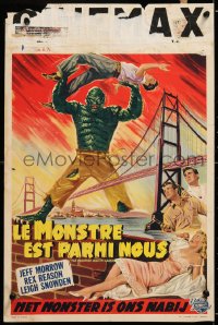 8j490 CREATURE WALKS AMONG US Belgian 1956 great art of monster attacking by Golden Gate Bridge!