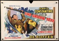 8j559 SWELLED HEAD Belgian 1964 Une Grosse Tete, art of Eddie Constantine busting through window!