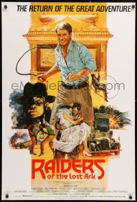 8j215 RAIDERS OF THE LOST ARK English 1sh R1982 great Brian Bysouth art of adventurer Harrison Ford!