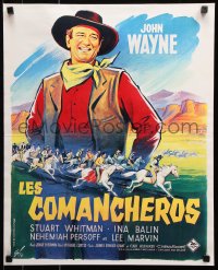 8j685 COMANCHEROS French 18x22 R1960s different art of John Wayne by Boris Grinsson, Curtiz!