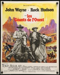 8j776 UNDEFEATED French 18x22 1969 John Wayne & Rock Hudson, wonderful Grinsson landscape art!