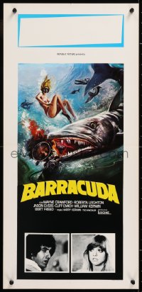8j812 BARRACUDA Italian locandina 1978 artwork of huge killer fish attacking sexy diver in bikini!
