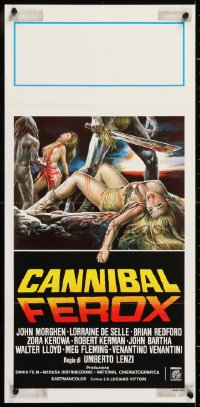 8j823 CANNIBAL FEROX Italian locandina 1981 Umberto Lenzi, natives w/machetes torturing women!