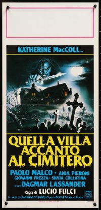 8j859 HOUSE BY THE CEMETERY Italian locandina 1984 Lucio Fulci, Sciotti art of killer over graveyard!