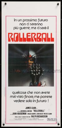 8j895 ROLLERBALL Italian locandina 1975 a future where war does not exist, Bob Peak art!