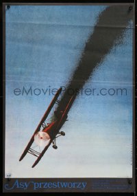 8j361 ACES HIGH Polish 19x26 1977 Malcolm McDowell, WWI airplane crashing art by Wasilewski!
