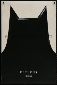 8k553 BATMAN RETURNS teaser DS 1sh 1992 Burton, Keaton, cool partial bat symbol, dated design!