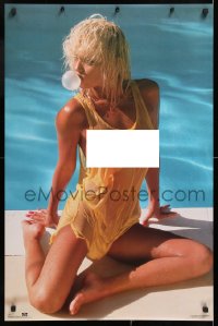 8k290 UNKNOWN MODEL 23x35 commercial poster 1989 sexy woman near pool w/ see-through yellow shirt!
